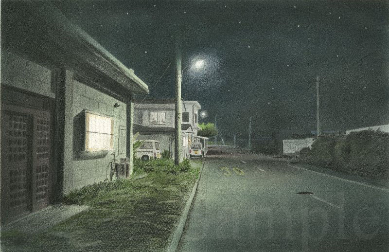 新島の夜　イラスト　色鉛筆
